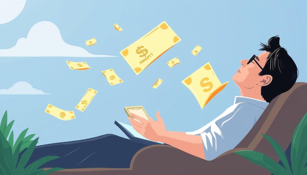 Konsep pendapatan pasif digambarkan dengan wang yang mengalir secara automatik