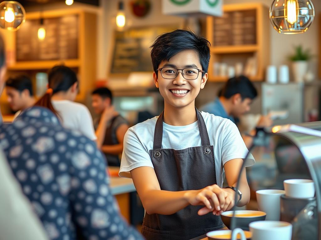 Pelajar bekerja sambilan di kafe tempatan semasa cuti sekolah