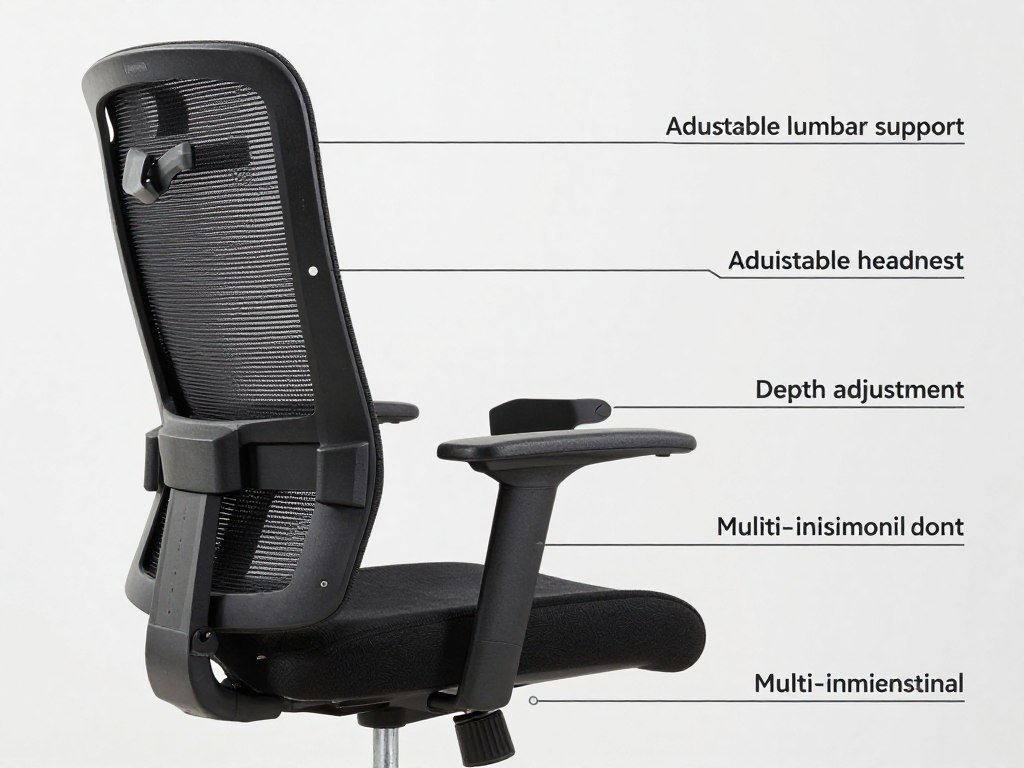 Kerusi ergonomik dengan ciri-ciri utama yang ditunjukkan