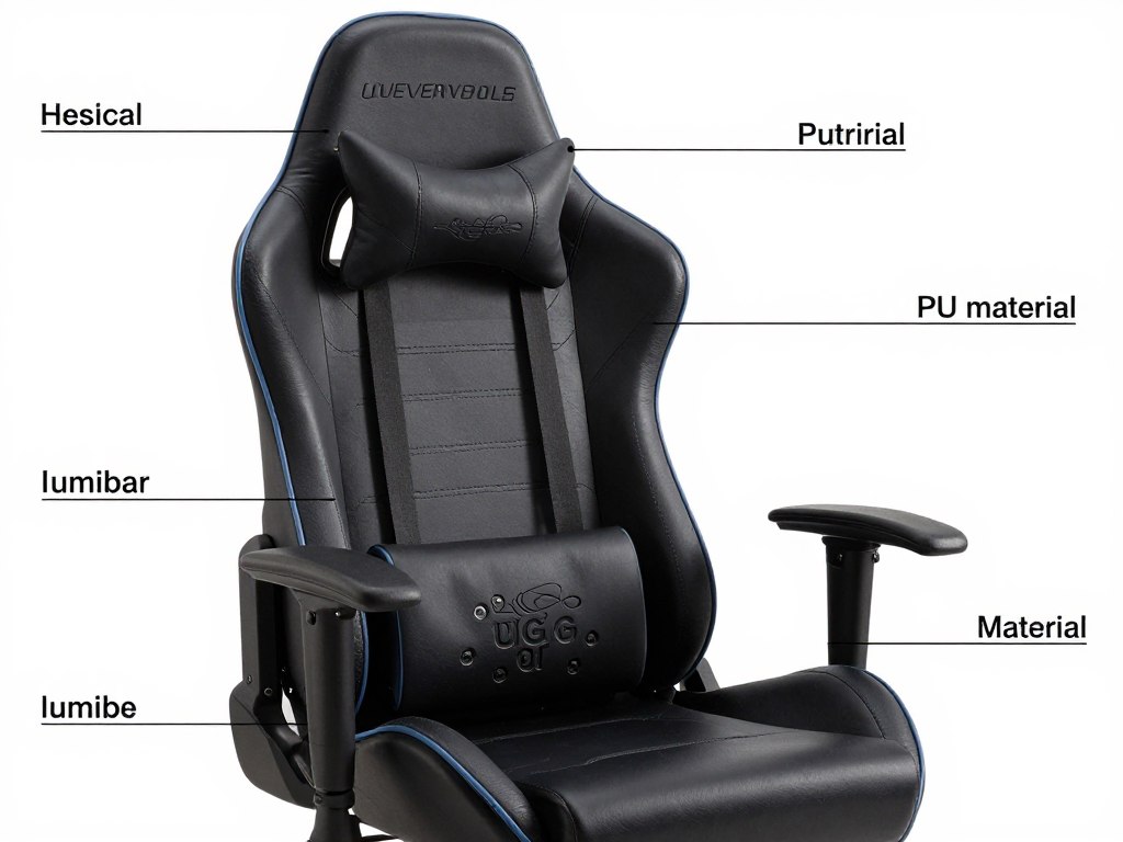 Kerusi gaming dengan ciri-ciri utama yang ditunjukkan