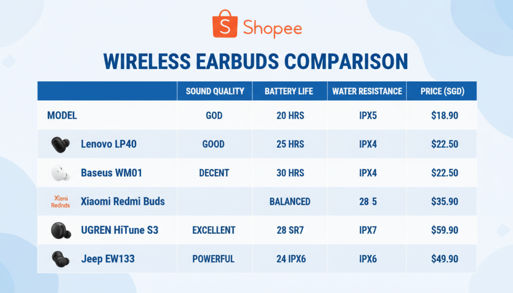 Perbandingan ciri-ciri utama 5 wireless earbuds murah terbaik Shopee (RM)